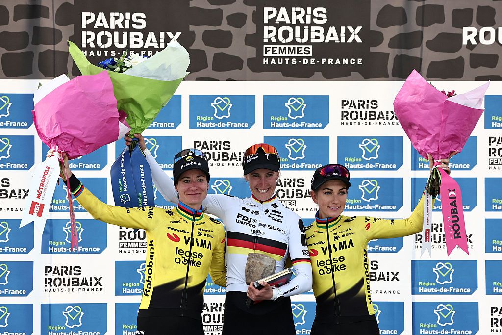 Marianne Vos, Franziska Koch and Pauline Ferrand-Pr&amp;eacute;vot celebrate on the podium of the 6th edition of the Paris-Roubaix Femmes