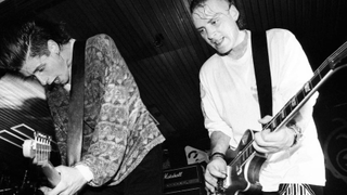 Mike Edwards and Jerry De Borg of Jesus Jones performing on stage at Queens University, Belfast, Northern Ireland, United Kingdom, 08 February 1991