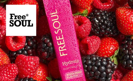 Free Soul logo top left with a close up shot of berrys and electrolytes 