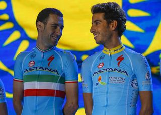 Vincenzo Nibali and Fabio Aru in a ligher moment on stage