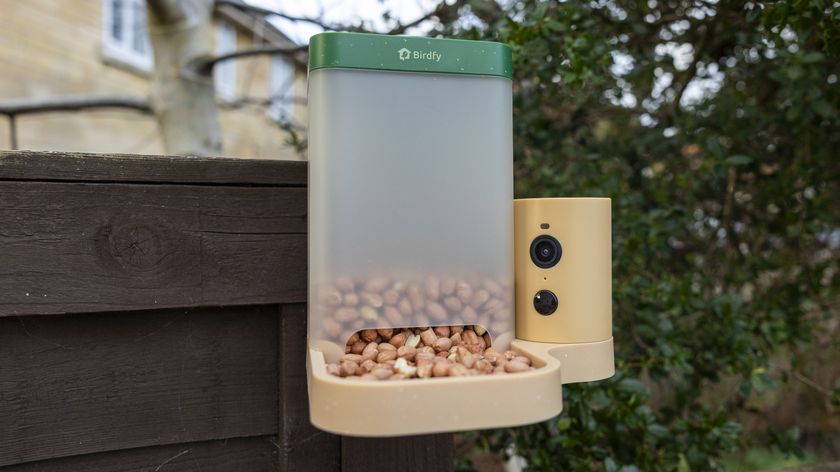 The Birdfy Rookie feeder attached to a brown garden fence