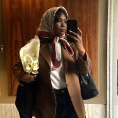 Franny wearing a silk scarf