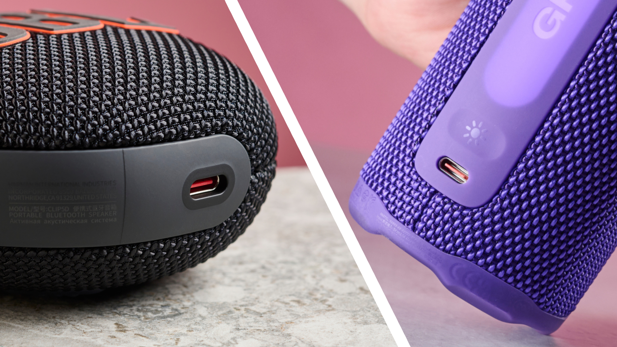 A close-up of the USB-C charging port on the JBL Clip 5, left, and JBL Grip, right.