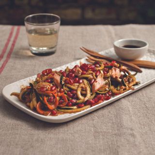 Flaked Salmon with Spicy Pomegranate Noodles