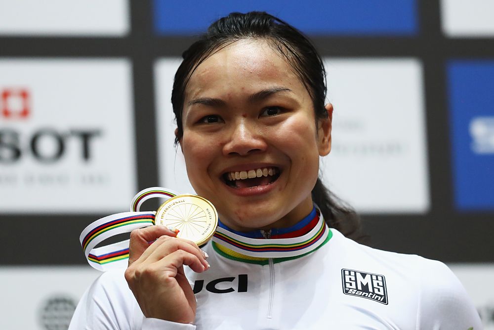 Lee Wai Sze of Hong Kong celebrates winning the gold medal in the Women's Keirin Final on day five of the UCI Track Cycling World Championships