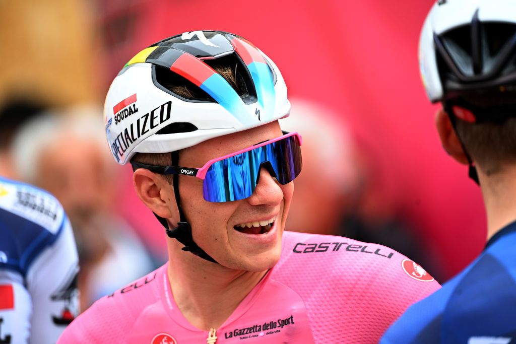 MELFI ITALY MAY 08 Remco Evenepoel of Belgium and Team Soudal Quick Step Pink Leader Jersey prior to the 106th Giro dItalia 2023 Stage 3 a 213km stage from Vasto to Melfi 532m UCIWT on May 08 2023 in Vasto Italy Photo by Stuart FranklinGetty Images