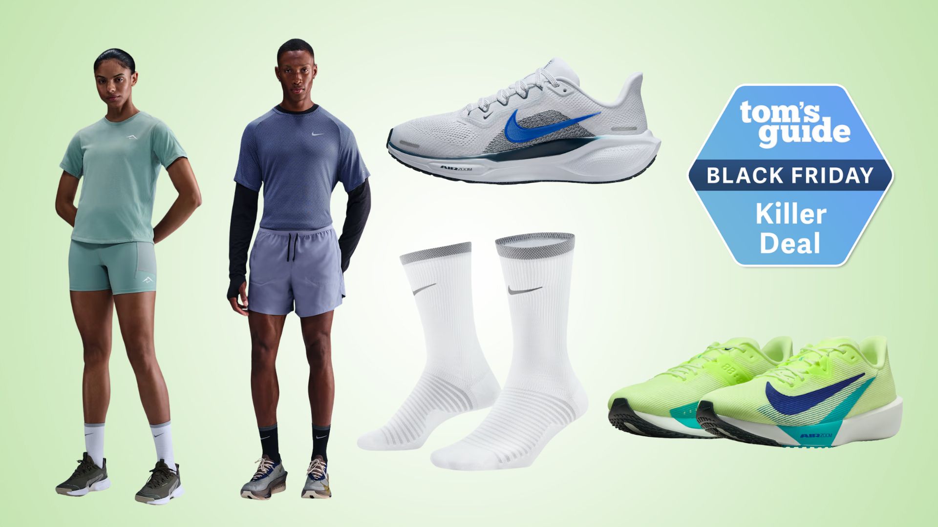 a selection of Nike apparel including tops, bottoms, socks and sneakers next to a Tom&#039;s Guide Black Friday Killer Deal label