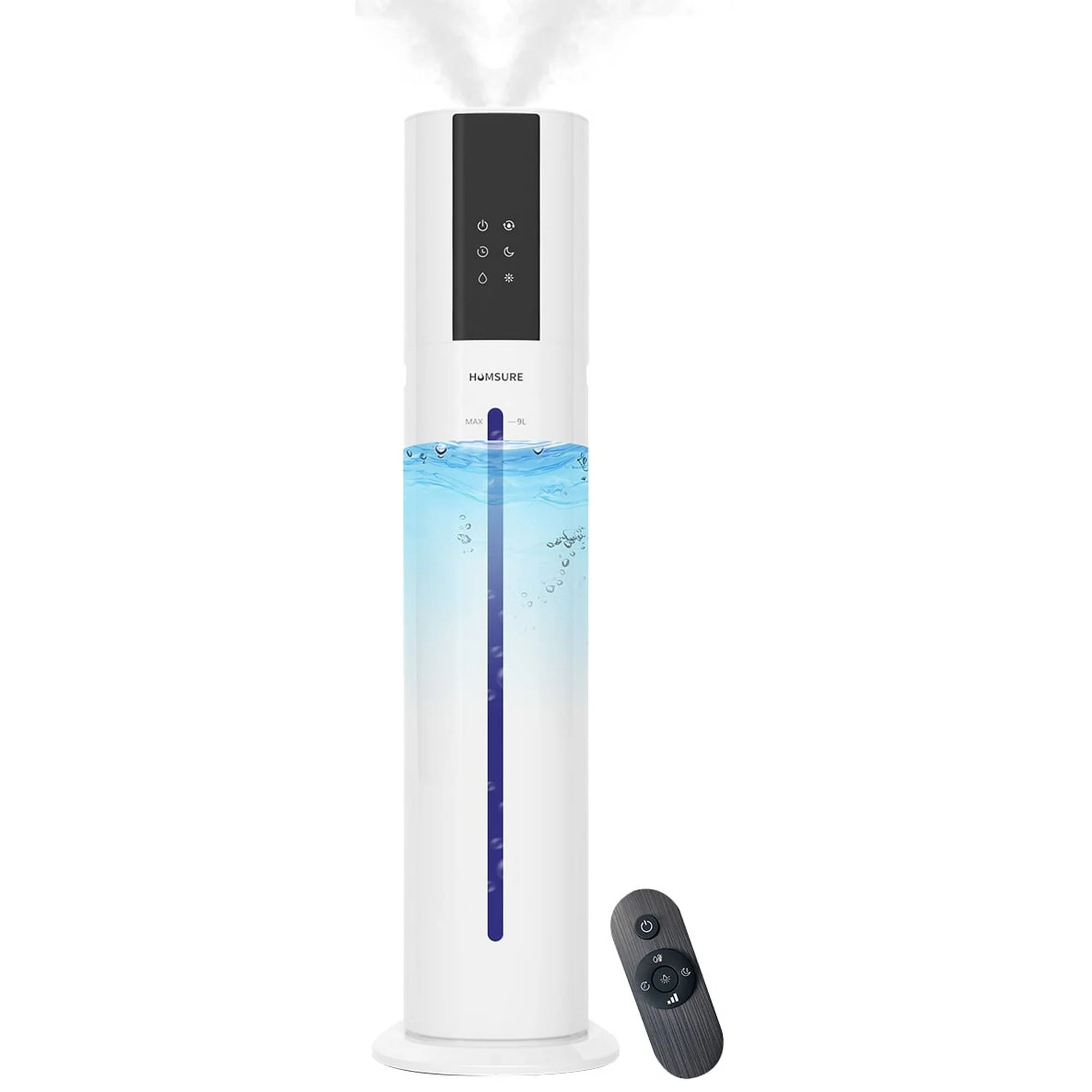 A white, tall, cylindrical humidifier with black remote control