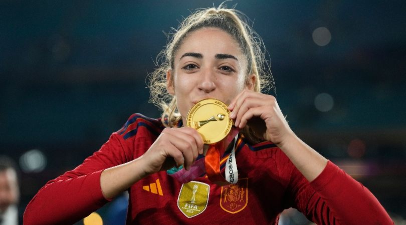 Olga Carmona celebrates after Spain&#039;s World Cup final win over England in Sydney in August 2023.