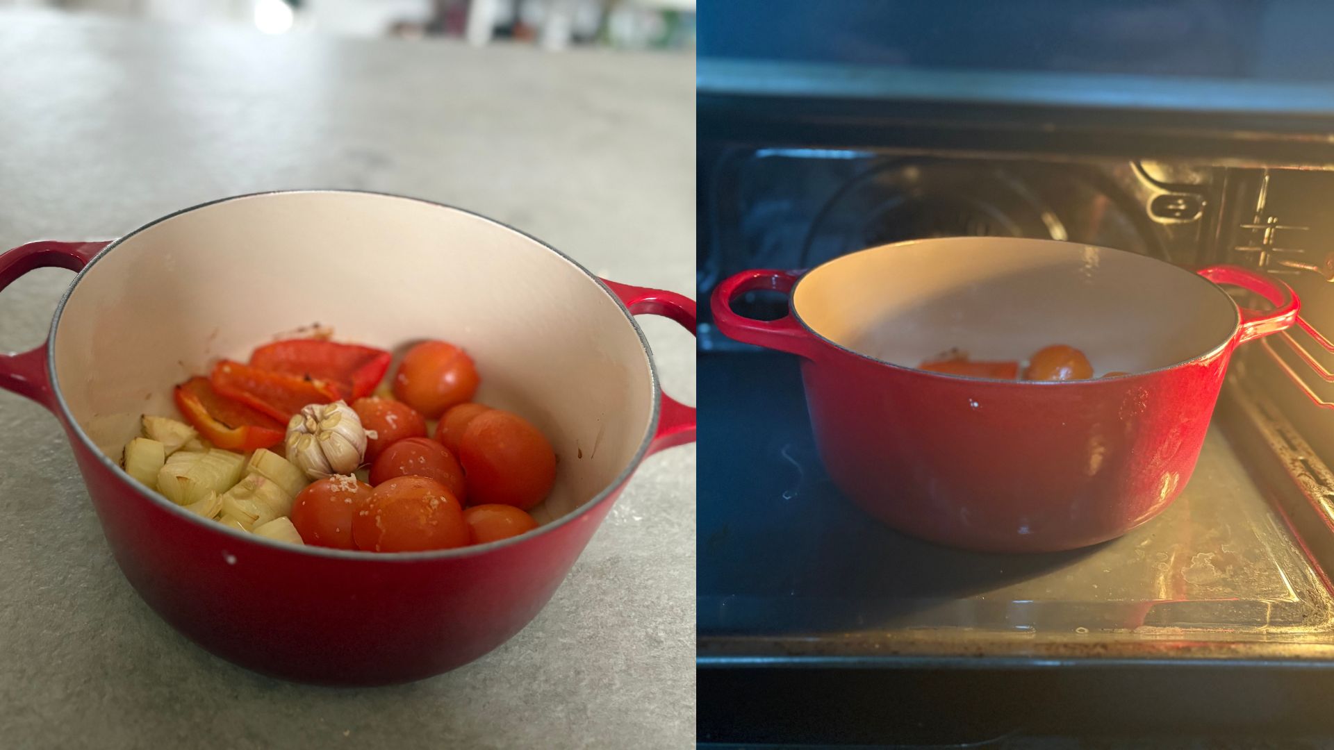Roasting vegetables for soup in the Le Creuset Round Casserole Dish