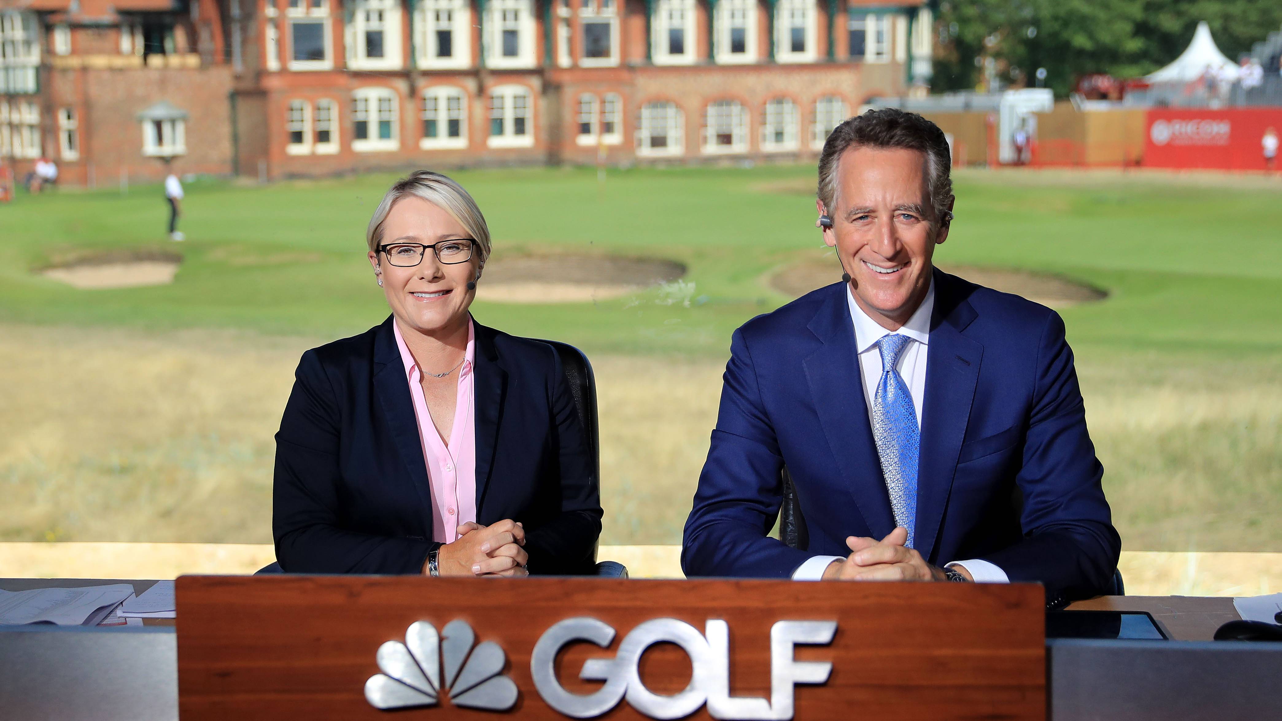Karen Stupples and Rich Lerner in the broadcast booth during the final round of the 2018 Women's Open at Royal Lytham &amp;amp; St Annes