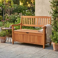 AI storage bench on patio in garden