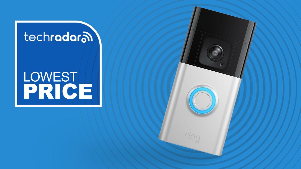 Ring Battery Video Doorbell Pro on blue background with white text reading &#039;TechRadar lowest price&#039;