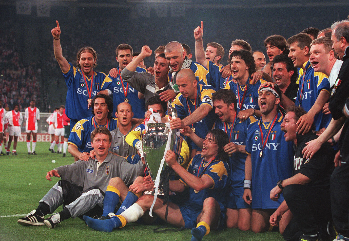 Juventus players celebrate their Champions League final win against Ajax in May 1996.