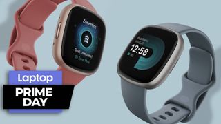 Fitbit versa smartwatch in pink and grey colorways against a blue background