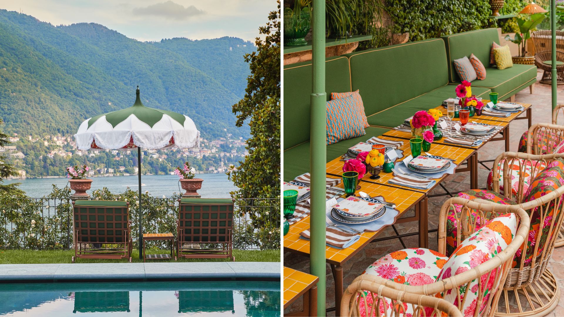 The pool at Passalacqua hotel and a brightly colored table set up at the hotel