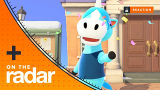 Julian, a light blue horse with a unicorn-like horn, in Animal Crossing: New Horizon poses in front of the mayor's office, with the GamesRadar+ On The Radar frame