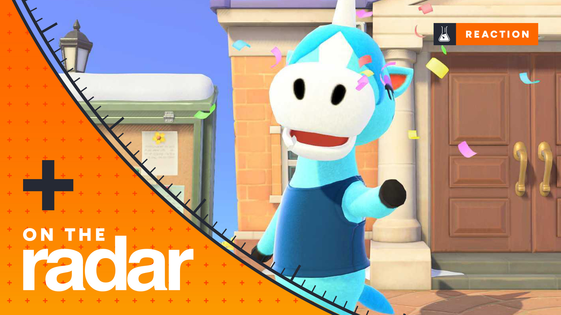 Julian, a light blue horse with a unicorn-like horn, in Animal Crossing: New Horizon poses in front of the mayor's office, with the GamesRadar+ On The Radar frame