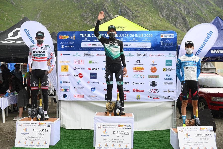 Patrick Konrad, Gregor M&uuml;hlberger (both BORA - hansgrohe), Matteo Badilatti (Israel Start-Up Nation) on the podium on stage 1 of the Sibiu Cycling Tour