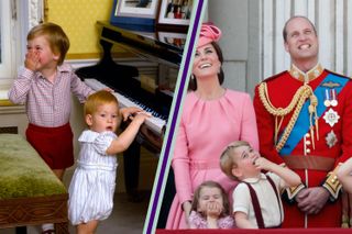 Prince William and Prince Harry as youngsters playing piano split layout with Princess Charlotte and Prince George on royal balcony giggling with Kate Middleton and Prince William