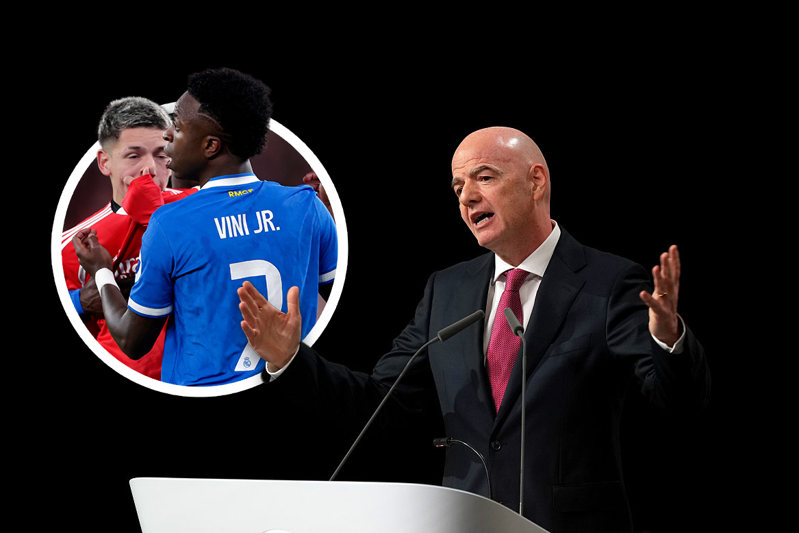 Gianni Infantino, with Gianluca Prestianni and Vinicius Jr inset