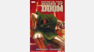 The cover of the Books of Doom comic, with Victor von Doom sitting on a red throne.