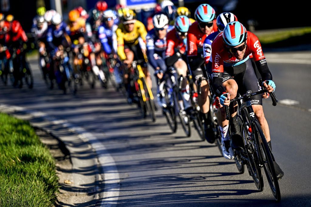 Belgian Brent Van Moer of LottoDstny pictured in action during the KuurneBrusselsKuurne one day cycling race 193 km from Kuurne to Kuurne via Brussels Saturday 25 February 2023 BELGA PHOTO JASPER JACOBS Photo by JASPER JACOBS BELGA MAG Belga via AFP Photo by JASPER JACOBSBELGA MAGAFP via Getty Images