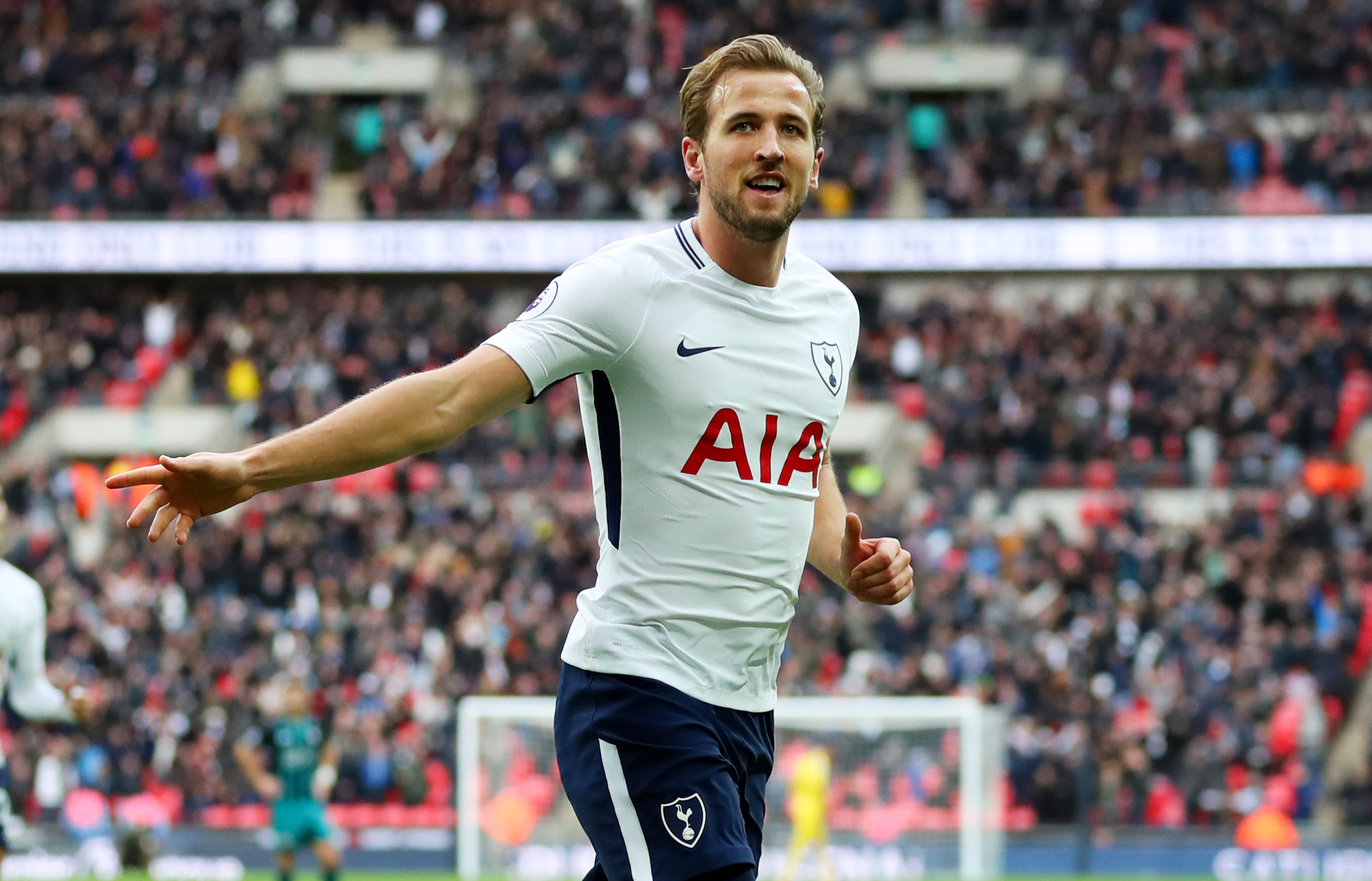 Harry Kane celebrates after scoring a hat-trick for Tottenham against Southampton in December 2017.