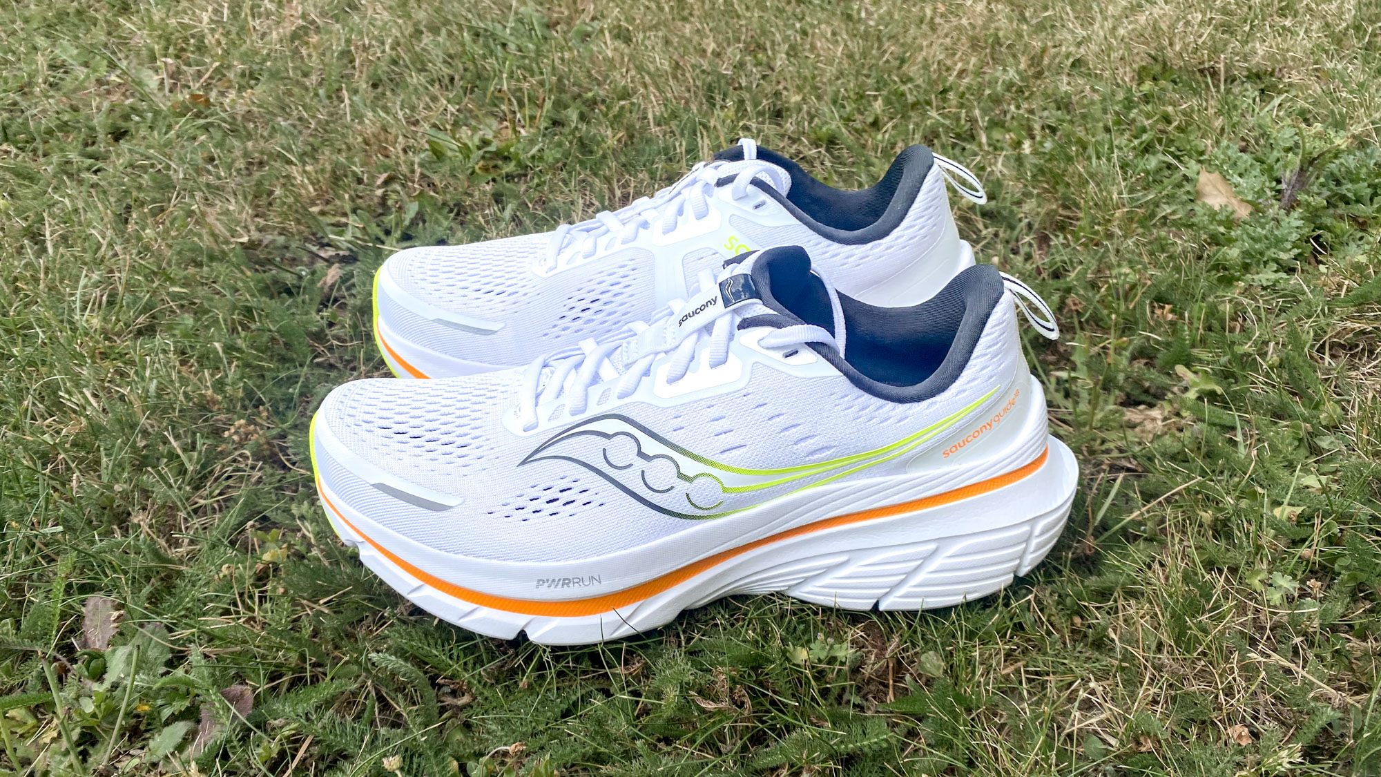 the Saucony Guide 18 in the White/Peel colorway