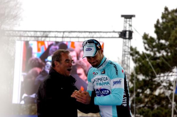 Bernard Hinault congratulates Tom Boonen after Paris-Roubaix