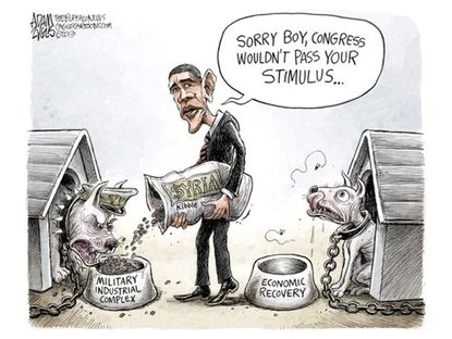 Obama cartoon stimulus military economy