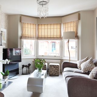 white living room with opened window blinds and brown sofa overlooking the coffee table and TV