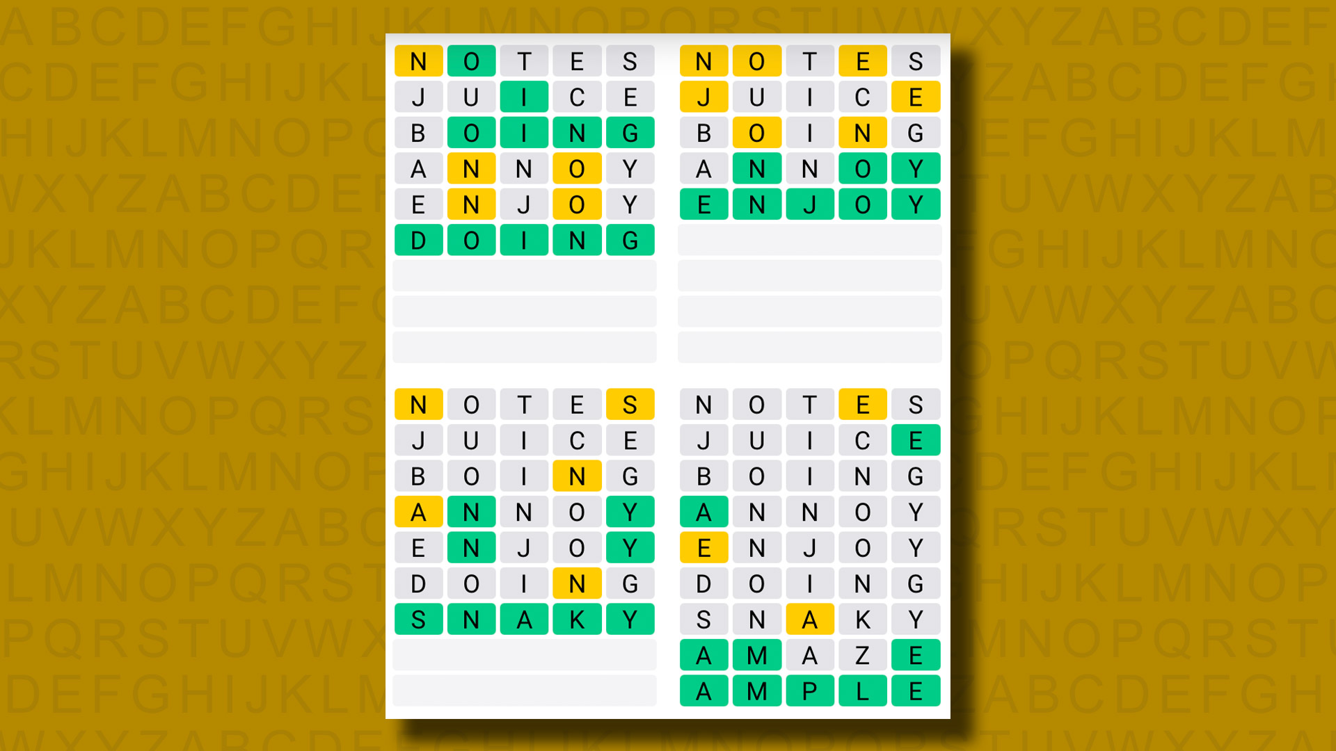 Quordle answers for game 1058 on a yellow background