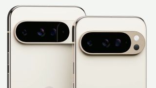 The white Google Pixel 9 Pro XL and the white Google Pixel 9 Pro side by side