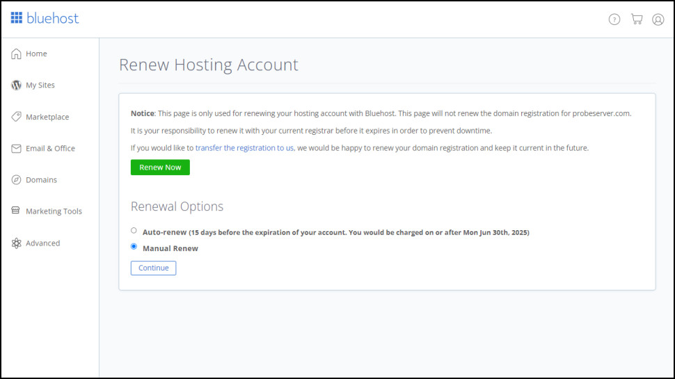 Bluehost cancel and auto renewal page