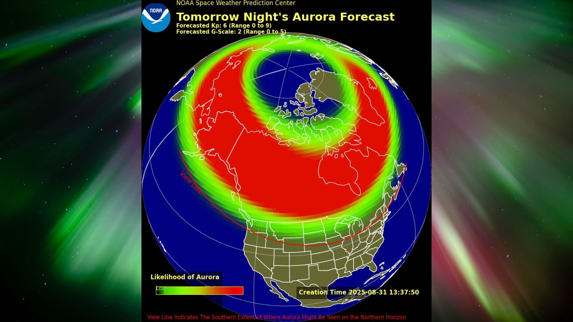 graphic illustration of the where in the US the northern lights may be visible on Sept 1-2.