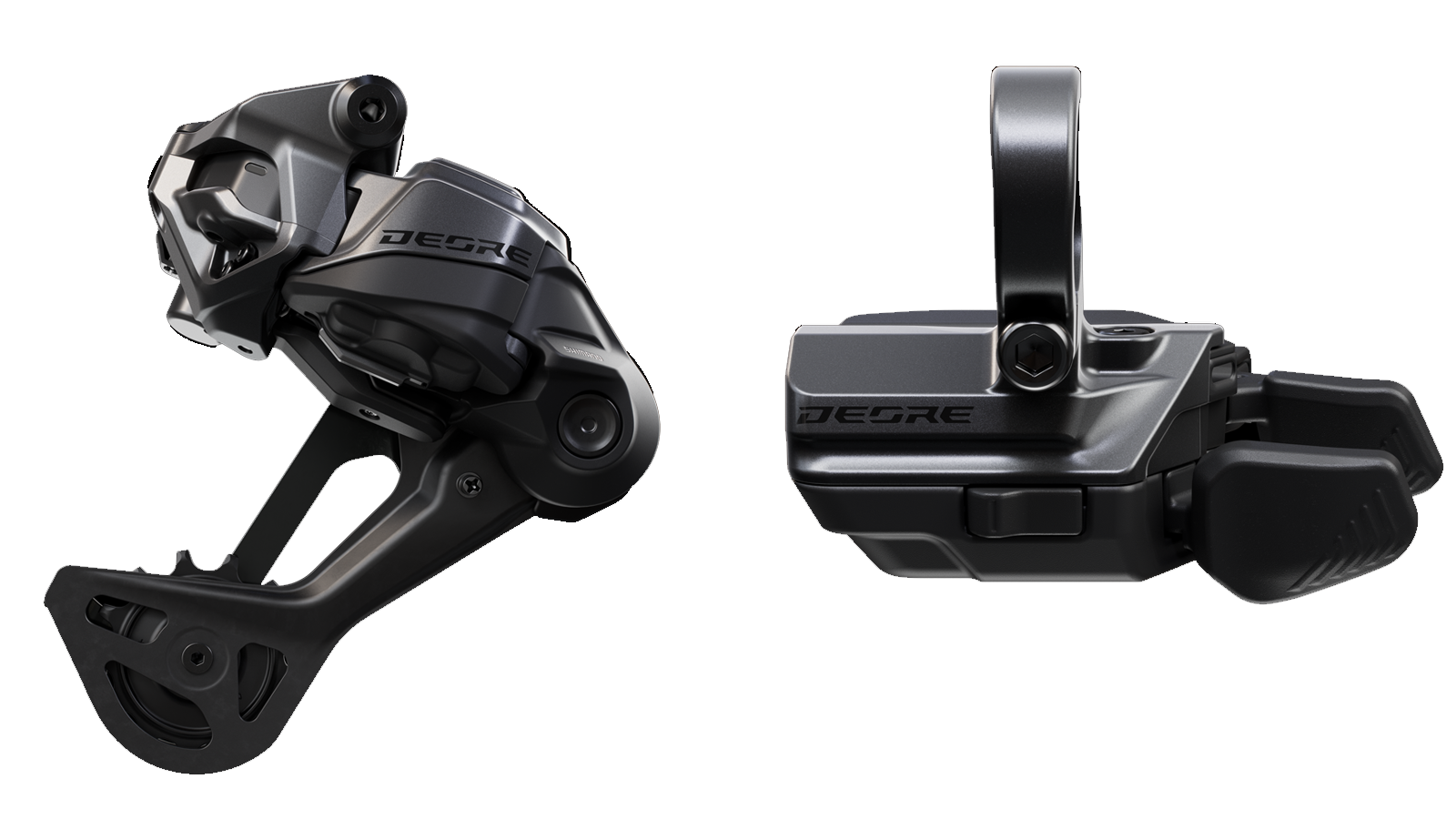 Shimano Deore Di2 derailleur and shifter on a white background