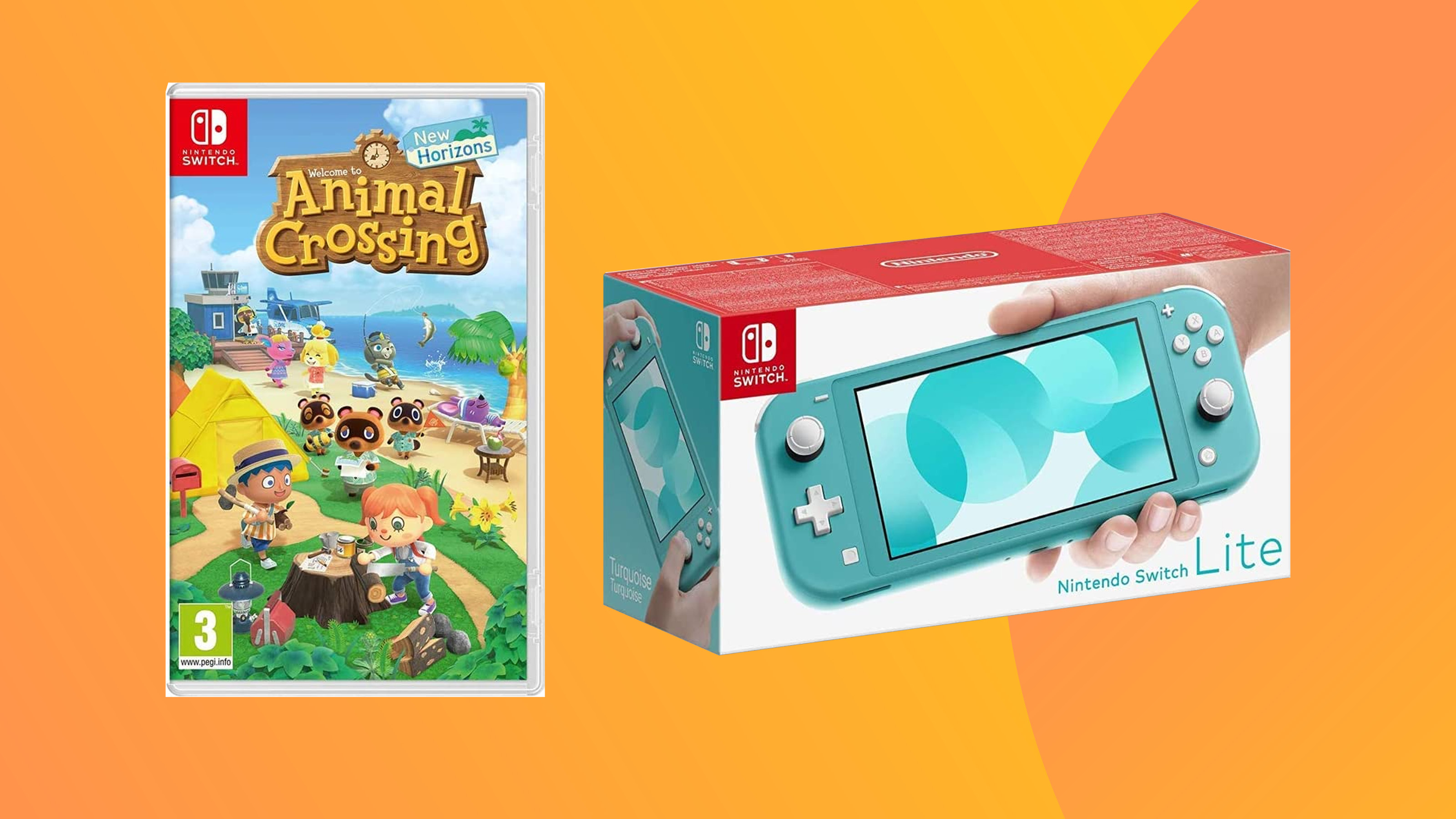 A product shot of the blue Nintendo Switch Lite and Animal Crossing on a colourful background