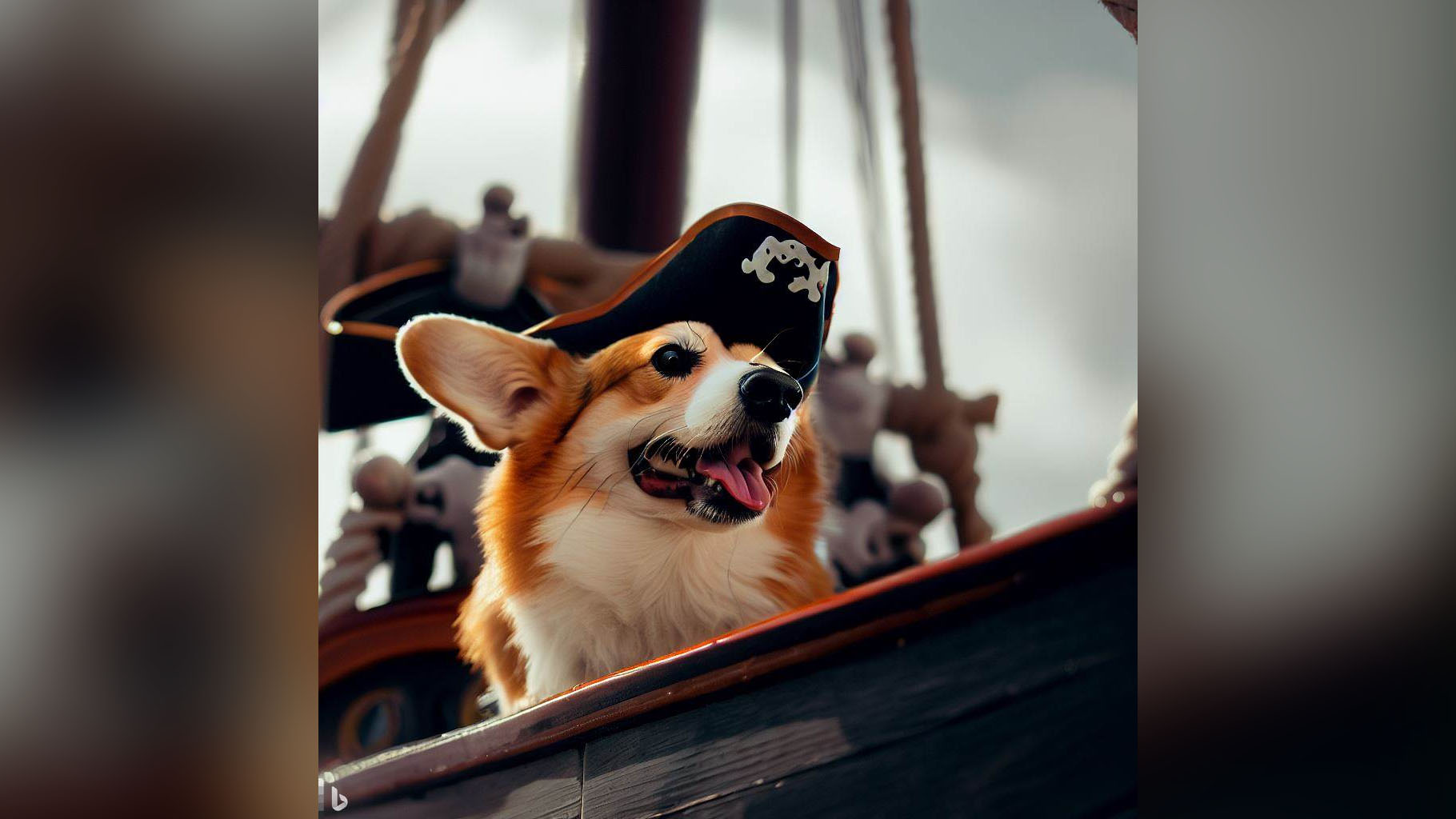 Aviso do Bing Image Creator: corgi pirata fotorrealista em seu navio.