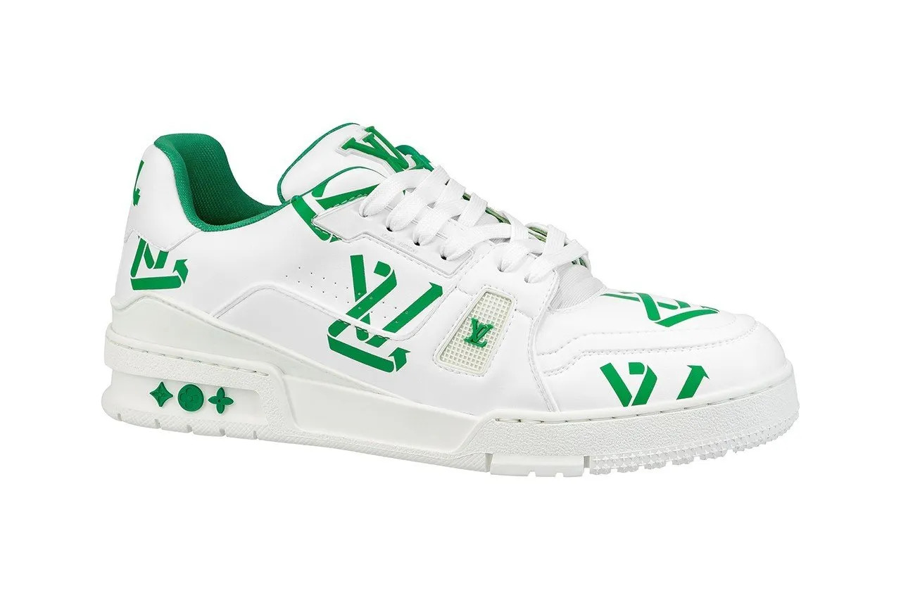 A Louis Vuitton sneaker featuring the Louis Vuitton redesigned to look like the recycling symbol