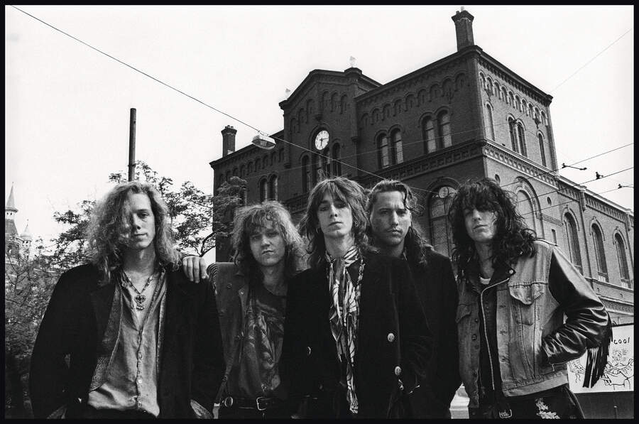 The Black Crowes, standing in front of Paradiso venue in Amsterdam, Netherlands, 5th June 1990