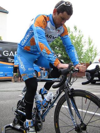 Garmin's Julian Dean rides his trainer, perhaps too afraid of the gendarmes to go out on the open roads.