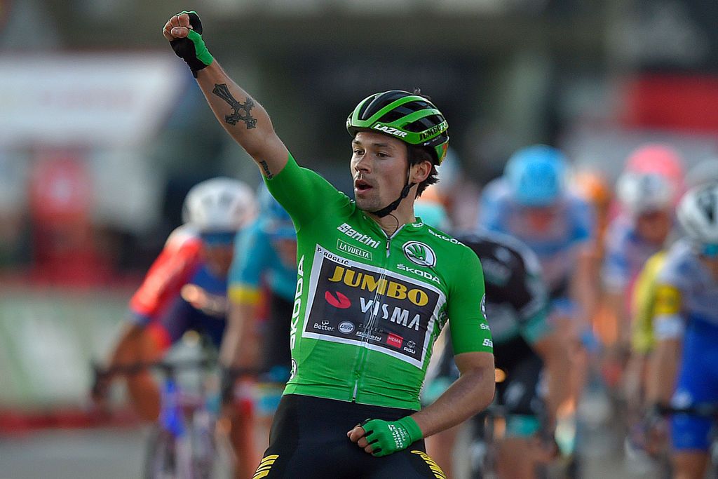 Team Jumbos Slovenian rider Primoz Roglic celebrates as he crosses the finishline of the 10th stage of the 2020 La Vuelta cycling tour of Spain a 185km race from Castro Urdiales to Suances on October 30 2020 Photo by ANDER GILLENEA AFP Photo by ANDER GILLENEAAFP via Getty Images