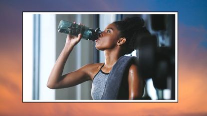 an image of a woman drinking water from a reusable water bottle in gym gear, against an orange and blue background