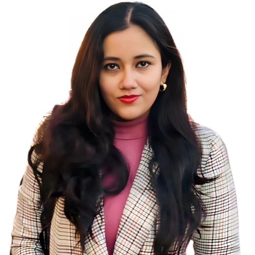 Image of a woman in a pink turtleneck and plaid blazer