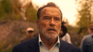 Arnold Schwarzenegger wearing a shocked expression in broad daylight in FUBAR.