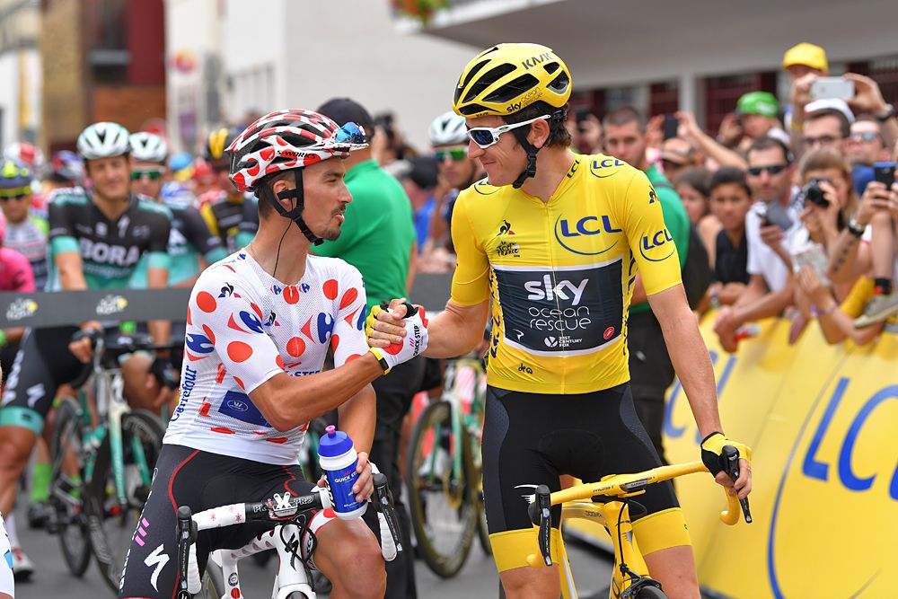 Geraint Thomas in yellow and Julian Alaphilippe in polka-dots at the start line of stage 21 at the Tour de France