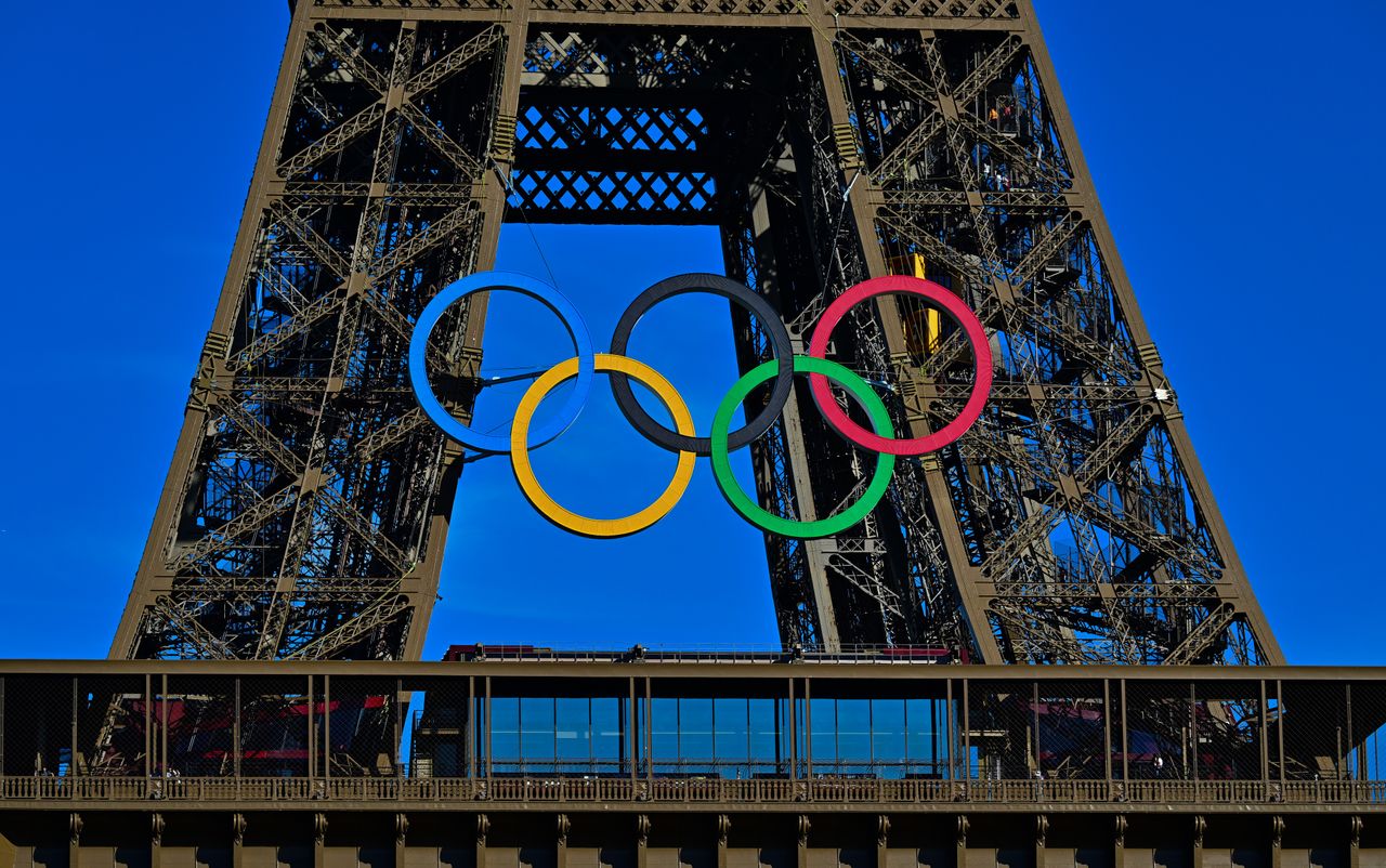 The Olympic rings are displayed on the Eiffel Tower, several months prior to the start of the Paris 2024 Olympic and Paralympic Games