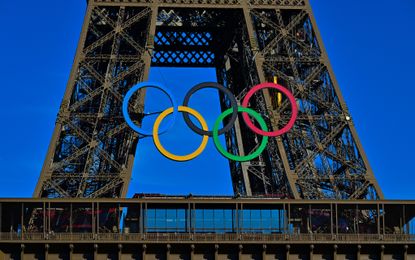 The Olympic rings are displayed on the Eiffel Tower, several months prior to the start of the Paris 2024 Olympic and Paralympic Games