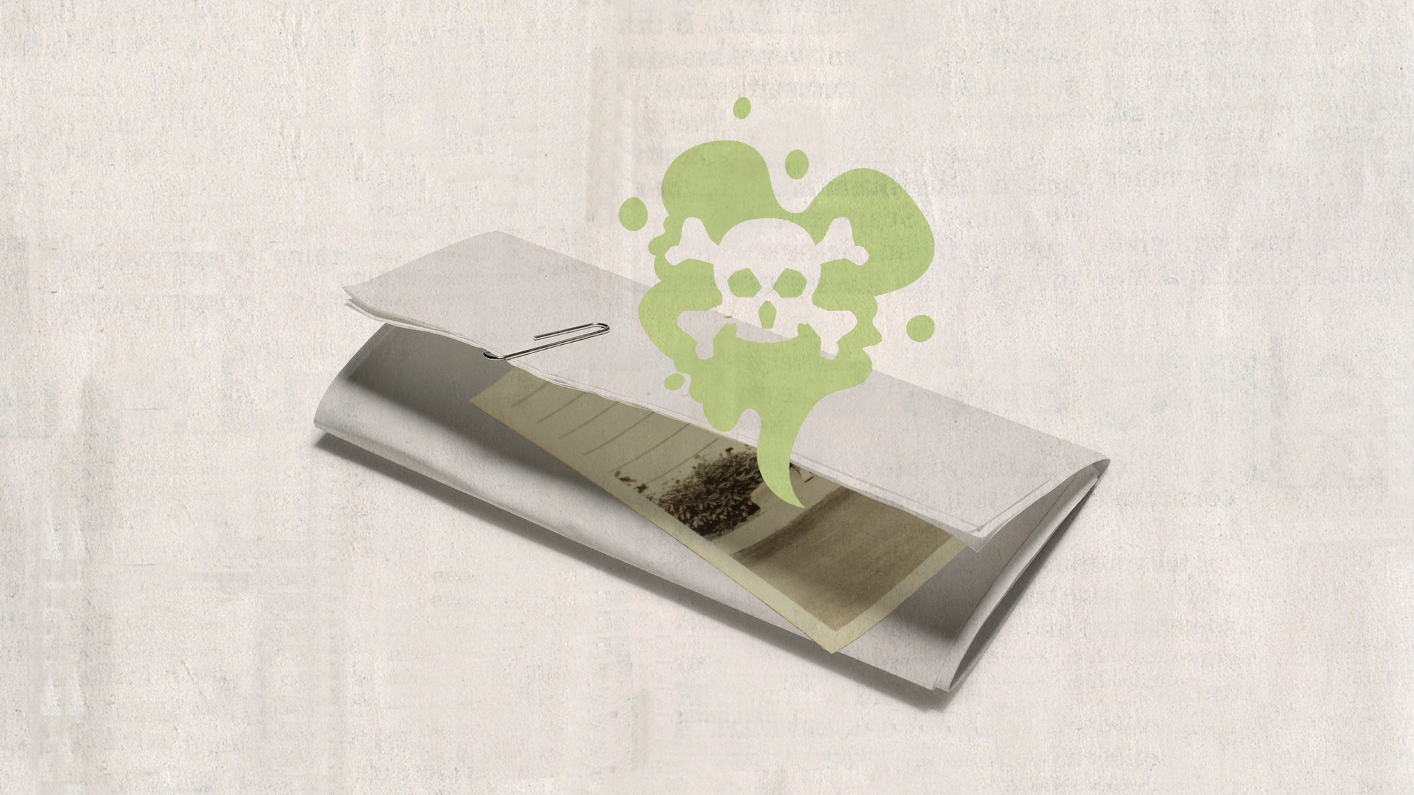 Photo collage of a folded piece of paper with a paperclip and a photo sliding out of it. A green cartoon cloud of poison comes out of it
